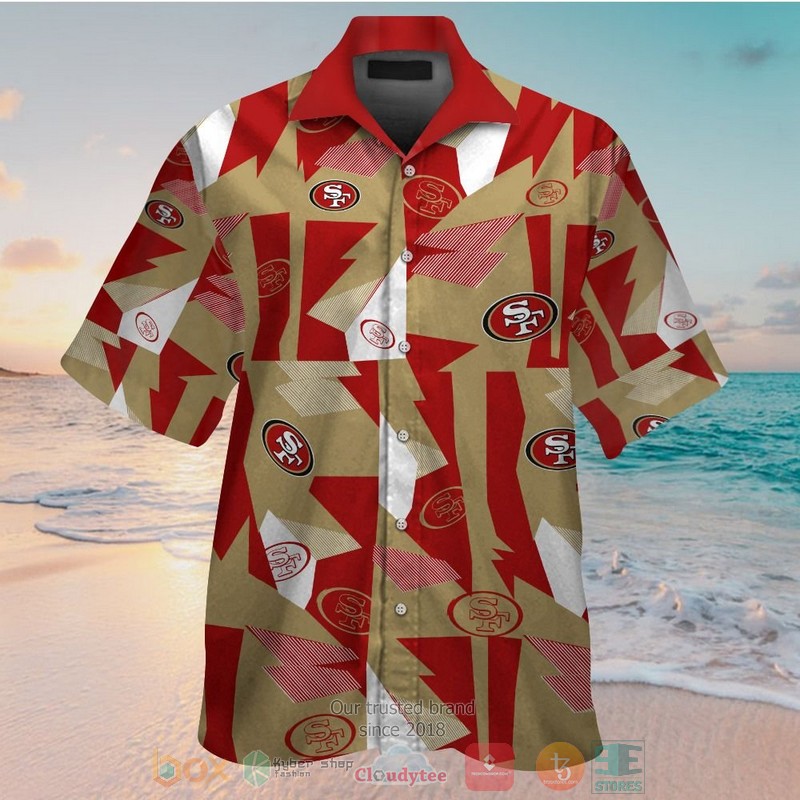 San Francisco 49ers gold red hawaiian shirt and shorts