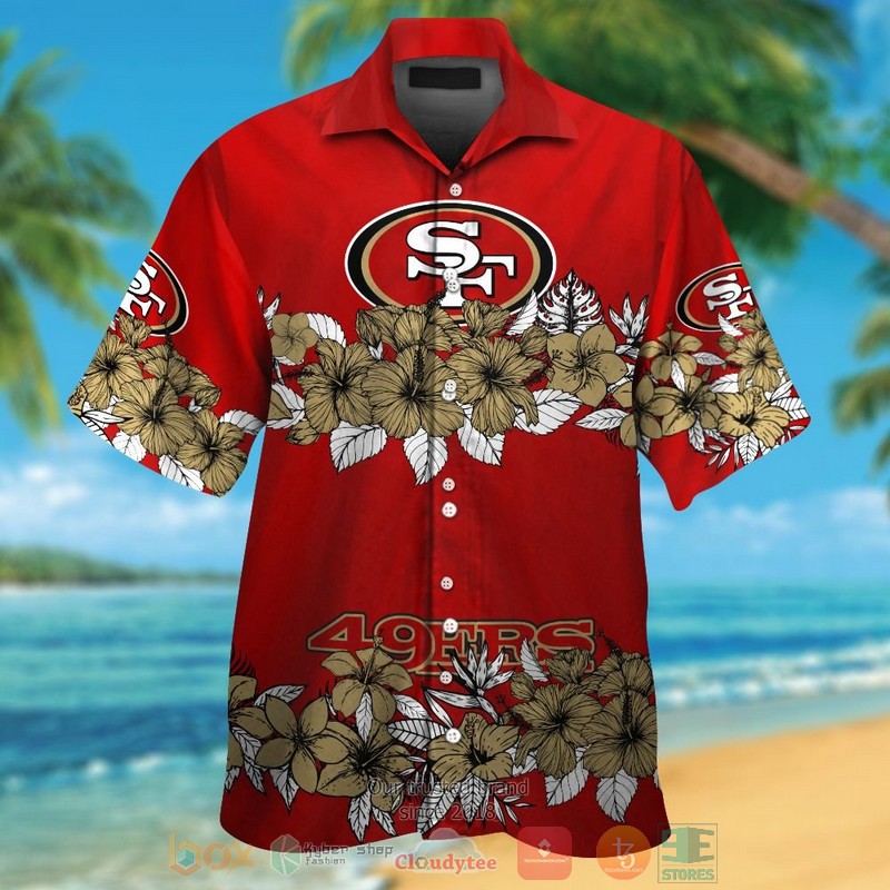 HOT San Francisco 49ers gold tropical plants red hawaii shirt, shorts 13 San Francisco 49ers gold tropical plants red hawaii shirt shorts