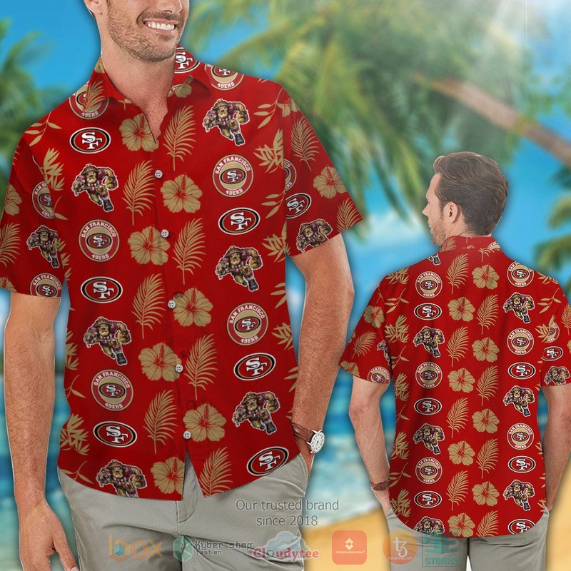HOT San Francisco 49ers logo Hibiscus gold red hawaii shirt, shorts 2 San Francisco 49ers logo Hibiscus gold red hawaii shirt shorts 1