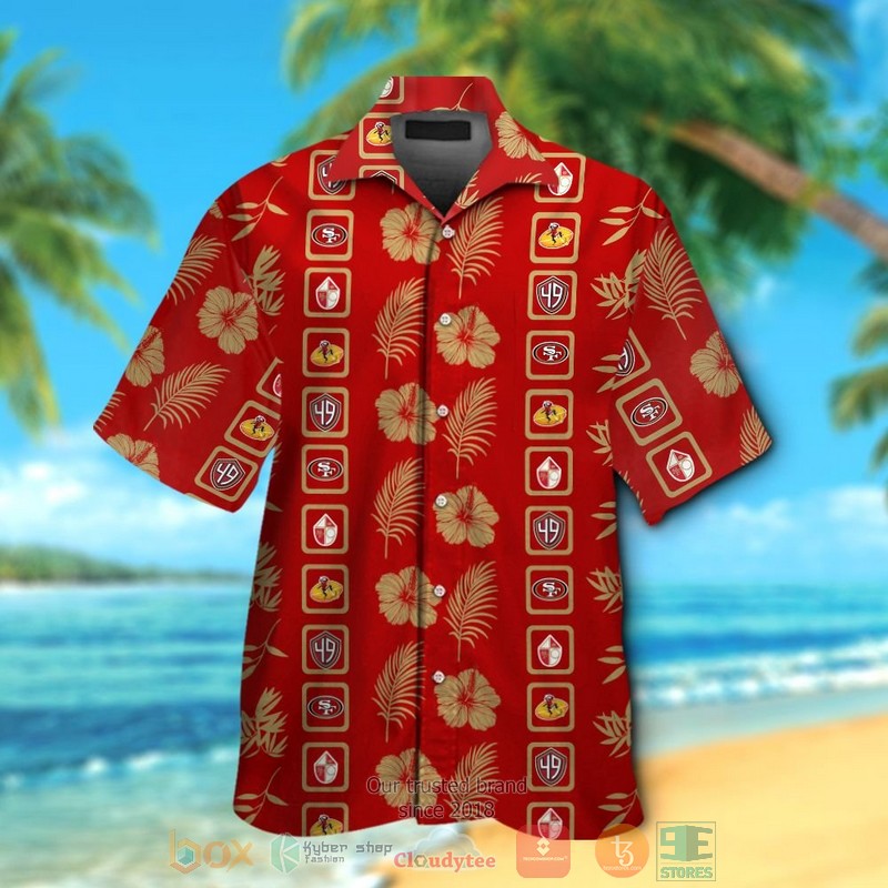 San Francisco 49ers logo gold Hibiscus red hawaiian shirt and shorts