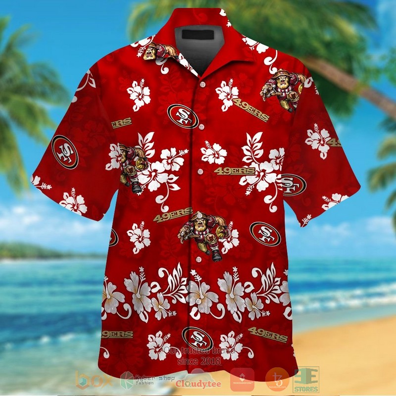 San Francisco 49ers logo white Hibiscus red hawaiian shirt and shorts