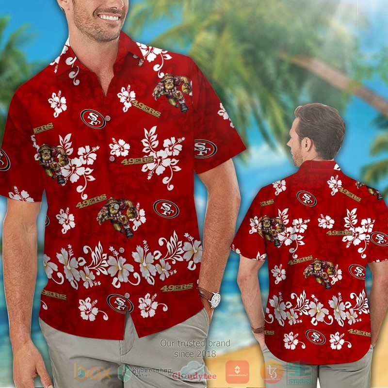HOT San Francisco 49ers logo white Hibiscus red hawaiian shirt and shorts 2 San Francisco 49ers logo white Hibiscus red hawaiian shirt and shorts 1