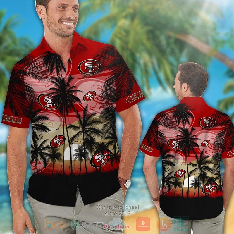 HOT San Francisco 49ers palm tree red black hawaii shirt, shorts 2 San Francisco 49ers palm tree red black hawaii shirt shorts 1