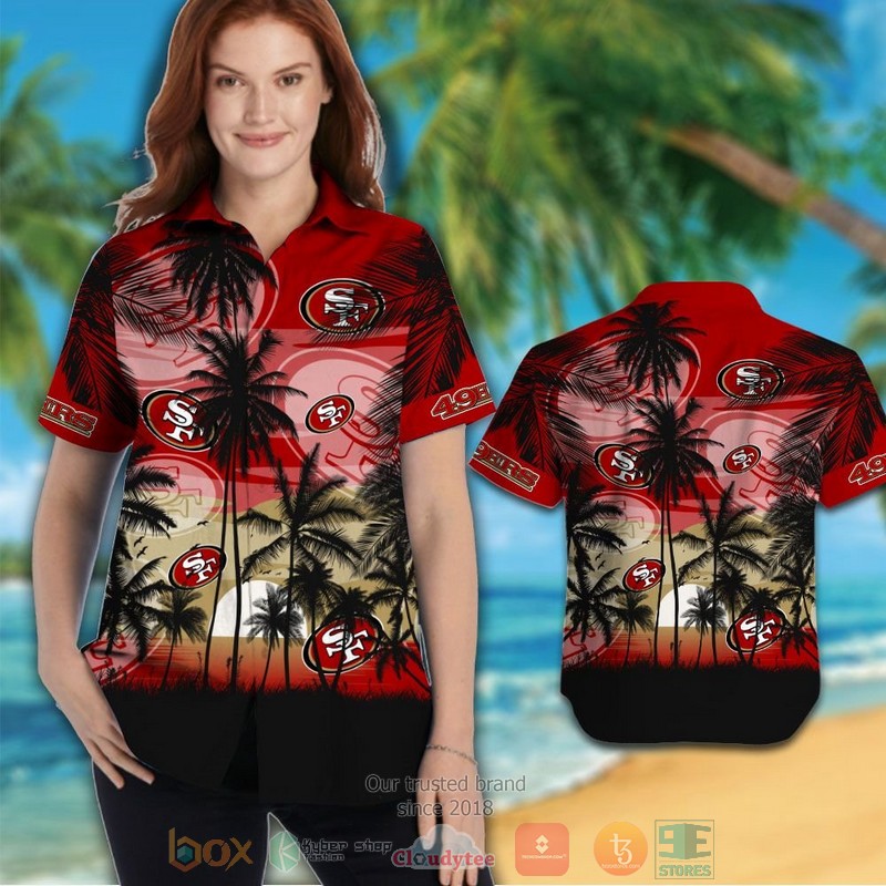 HOT San Francisco 49ers palm tree red black hawaii shirt, shorts 3 San Francisco 49ers palm tree red black hawaii shirt shorts 1 2
