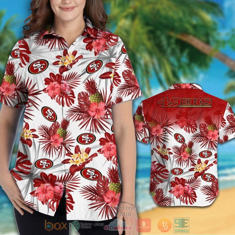 HOT San Francisco 49ers pineapple Hibiscus hawaiian shirt and shorts 3 San Francisco 49ers pineapple Hibiscus hawaiian shirt and shorts 1 2
