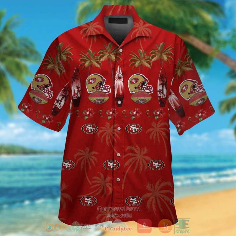 San Francisco 49ers surfboard palm tree hawaiian shirt and shorts