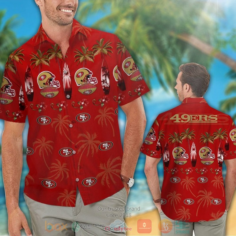 HOT San Francisco 49ers surfboard palm tree hawaiian shirt and shorts 2 San Francisco 49ers surfboard palm tree hawaiian shirt and shorts 1
