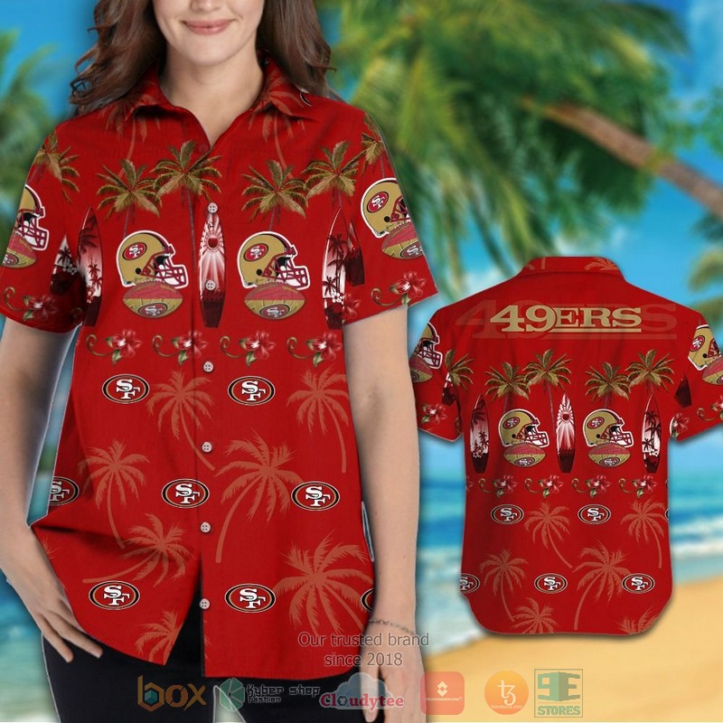HOT San Francisco 49ers surfboard palm tree hawaiian shirt and shorts 3 San Francisco 49ers surfboard palm tree hawaiian shirt and shorts 1 2