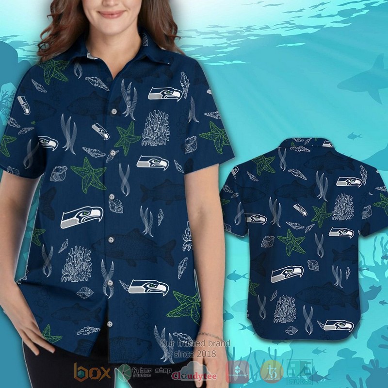 HOT Seattle Seahawks Fish hawaiian shirt and shorts 3 Seattle Seahawks Fish hawaiian shirt and shorts 1 2