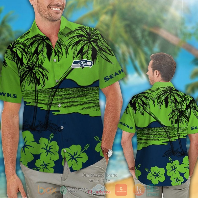 HOT Seattle Seahawks Hibiscus action green hawaiian shirt and shorts 2 Seattle Seahawks Hibiscus action green hawaiian shirt and shorts 1