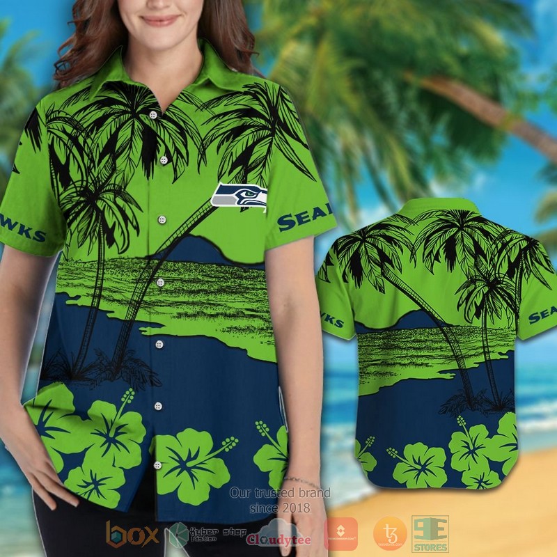 HOT Seattle Seahawks Hibiscus action green hawaiian shirt and shorts 3 Seattle Seahawks Hibiscus action green hawaiian shirt and shorts 1 2