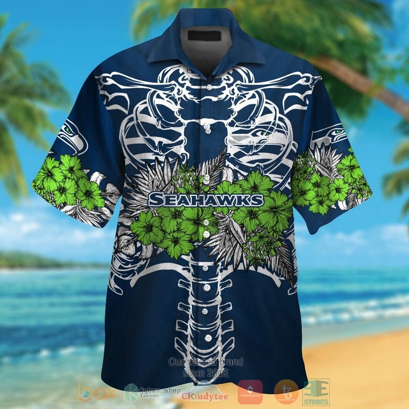 Seattle Seahawks action green Hibiscus navy hawaii shirt shorts