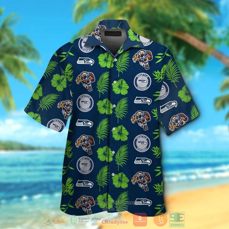 Seattle Seahawks logo Hibiscus action green navy hawaii shirt shorts