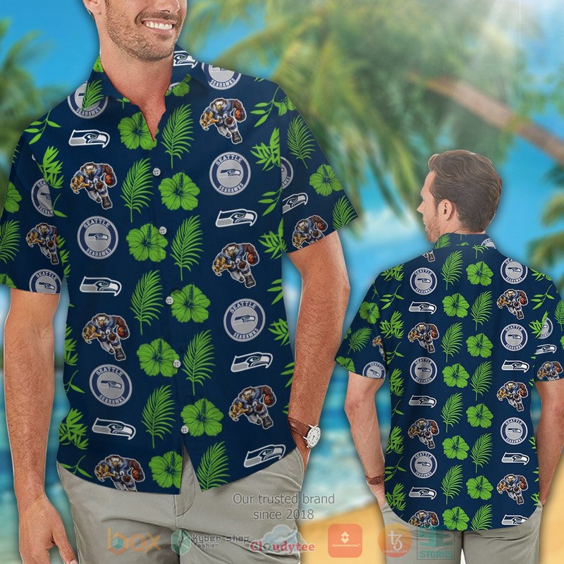 HOT Seattle Seahawks logo Hibiscus action green navy hawaii shirt, shorts 2 Seattle Seahawks logo Hibiscus action green navy hawaii shirt shorts 1