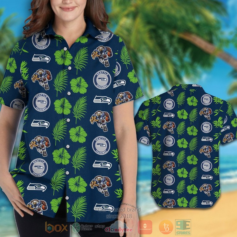 HOT Seattle Seahawks logo Hibiscus action green navy hawaii shirt, shorts 3 Seattle Seahawks logo Hibiscus action green navy hawaii shirt shorts 1 2