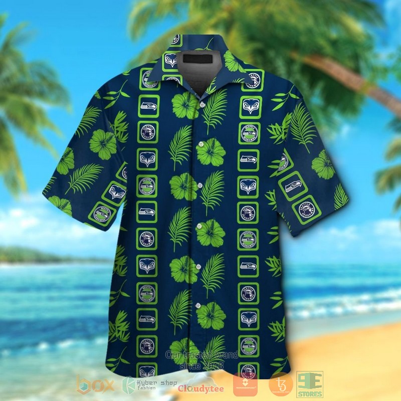 HOT Seattle Seahawks logo action green Hibiscus navy hawaiian shirt and shorts 13 Seattle Seahawks logo action green Hibiscus navy hawaiian shirt and shorts