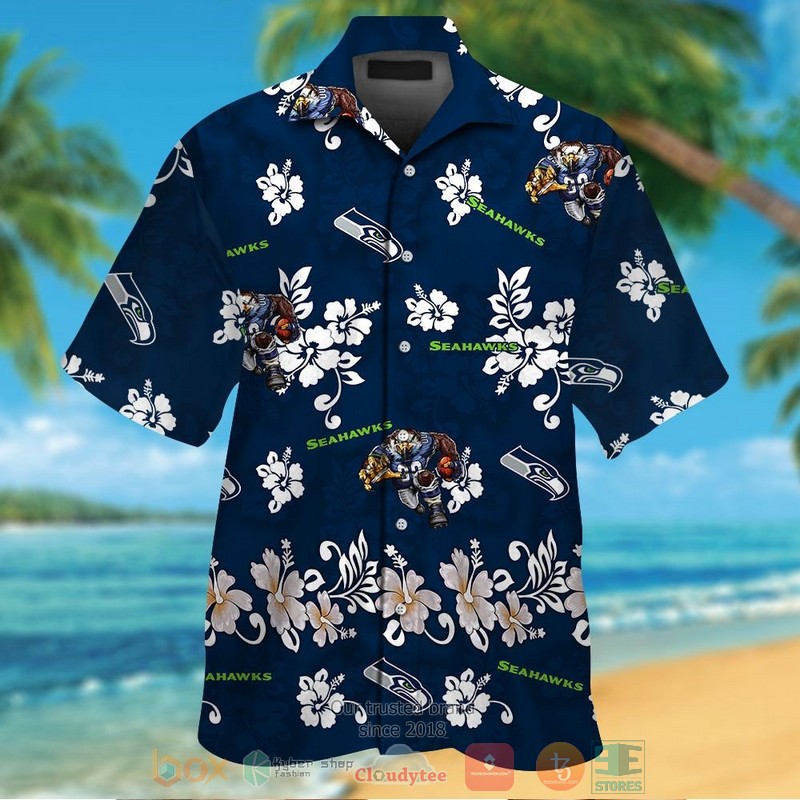 HOT Seattle Seahawks logo white Hibiscus navy hawaiian shirt and shorts 12 Seattle Seahawks logo white Hibiscus navy hawaiian shirt and shorts