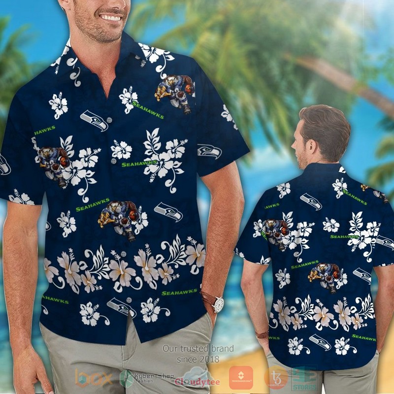 HOT Seattle Seahawks logo white Hibiscus navy hawaiian shirt and shorts 2 Seattle Seahawks logo white Hibiscus navy hawaiian shirt and shorts 1