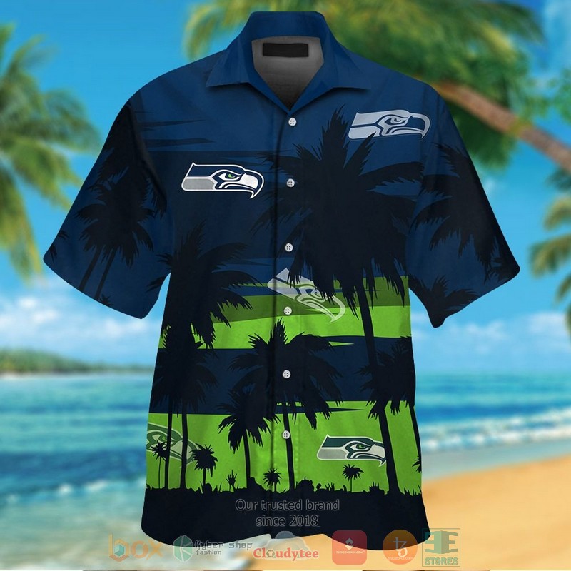 Seattle Seahawks palm tree dark navy hawaiian shirt and shorts