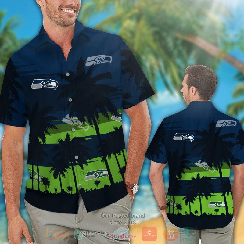 HOT Seattle Seahawks palm tree dark navy hawaiian shirt and shorts 2 Seattle Seahawks palm tree dark navy hawaiian shirt and shorts 1