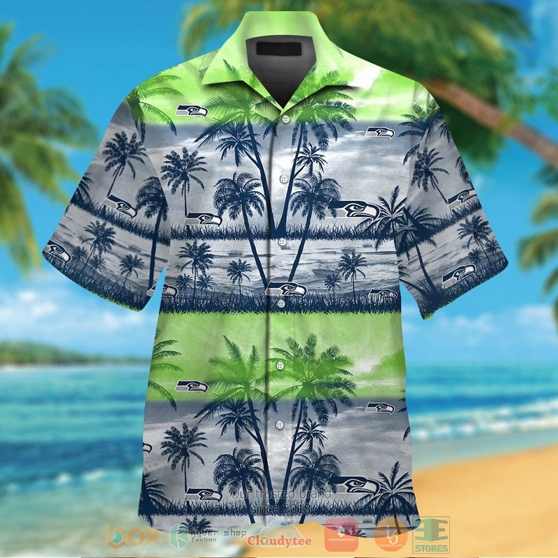 HOT Seattle Seahawks palm tree navy action green hawaiian shirt and shorts 1 Seattle Seahawks palm tree navy action green hawaiian shirt and shorts