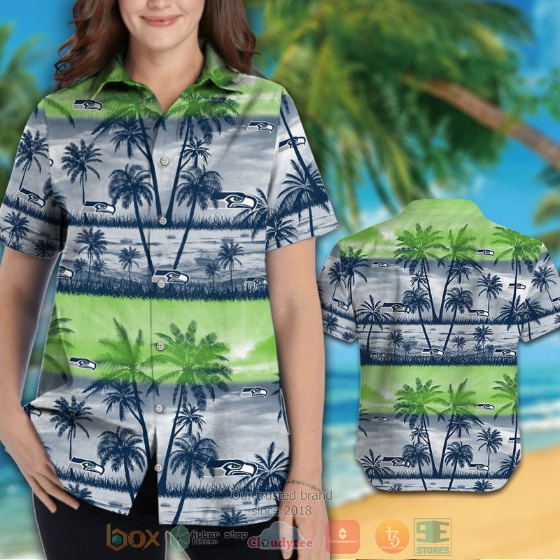 HOT Seattle Seahawks palm tree navy action green hawaiian shirt and shorts 3 Seattle Seahawks palm tree navy action green hawaiian shirt and shorts 1 2