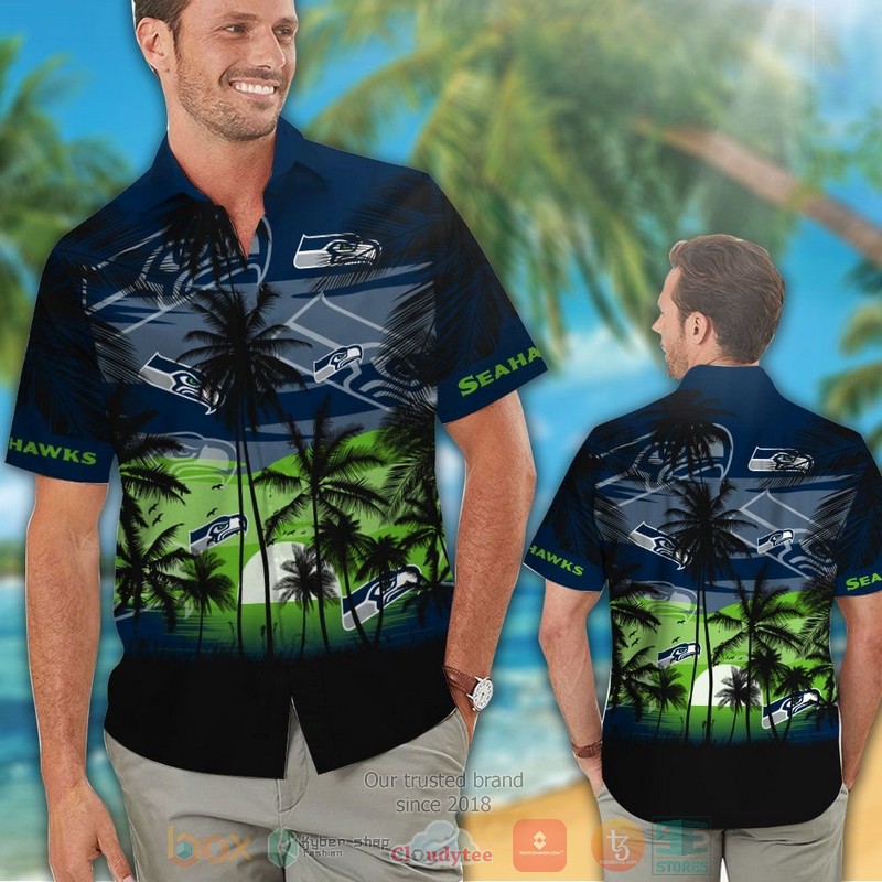 HOT Seattle Seahawks palm tree navy black hawaii shirt, shorts 2 Seattle Seahawks palm tree navy black hawaii shirt shorts 1
