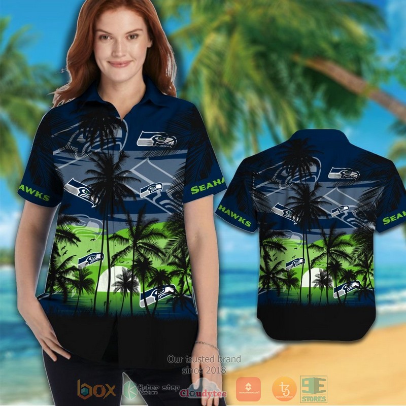 HOT Seattle Seahawks palm tree navy black hawaii shirt, shorts 3 Seattle Seahawks palm tree navy black hawaii shirt shorts 1 2