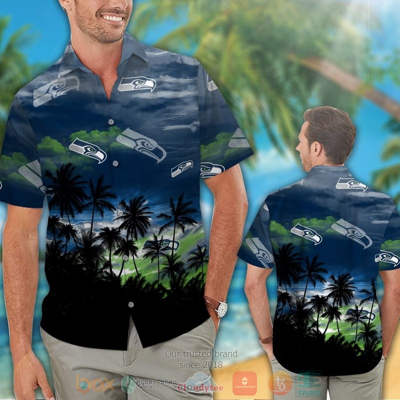 HOT Seattle Seahawks palm tree navy black hawaiian shirt and shorts 2 Seattle Seahawks palm tree navy black hawaiian shirt and shorts 1