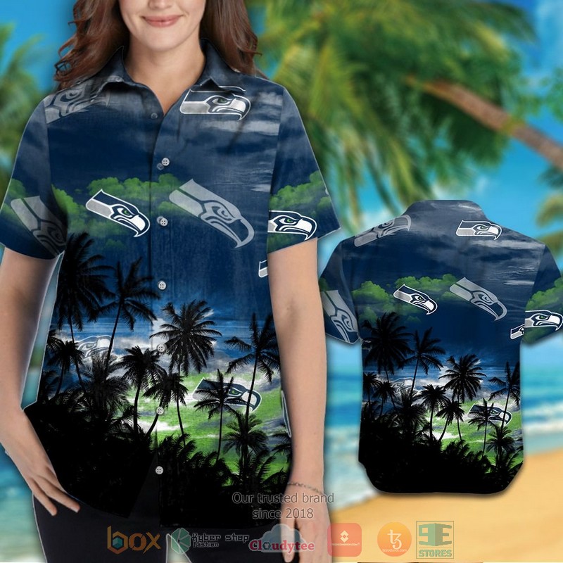 HOT Seattle Seahawks palm tree navy black hawaiian shirt and shorts 3 Seattle Seahawks palm tree navy black hawaiian shirt and shorts 1 2