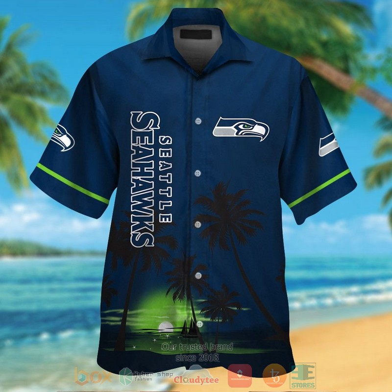Seattle Seahawks palm trees dark navy hawaii shirt shorts