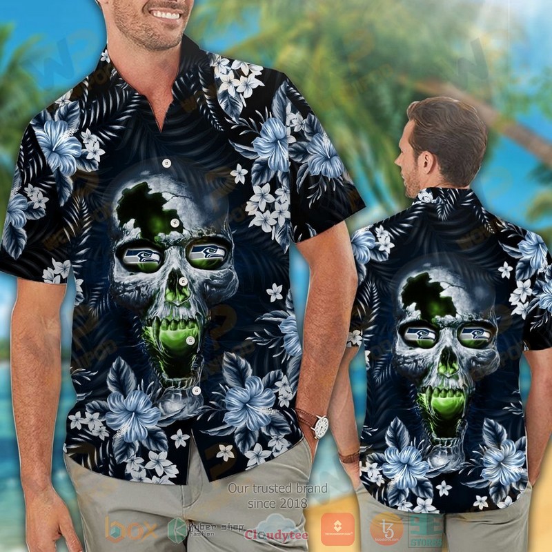 HOT Seattle Seahawks skull hawaiian shirt and shorts 2 Seattle Seahawks skull hawaiian shirt and shorts 1