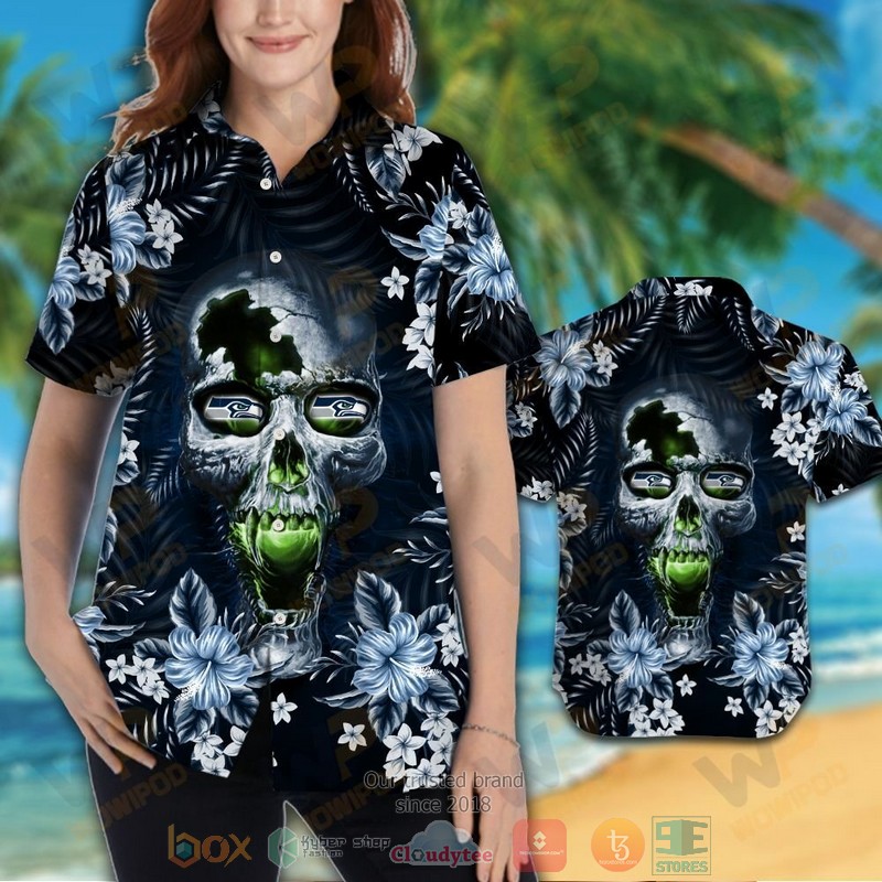 HOT Seattle Seahawks skull hawaiian shirt and shorts 3 Seattle Seahawks skull hawaiian shirt and shorts 1 2