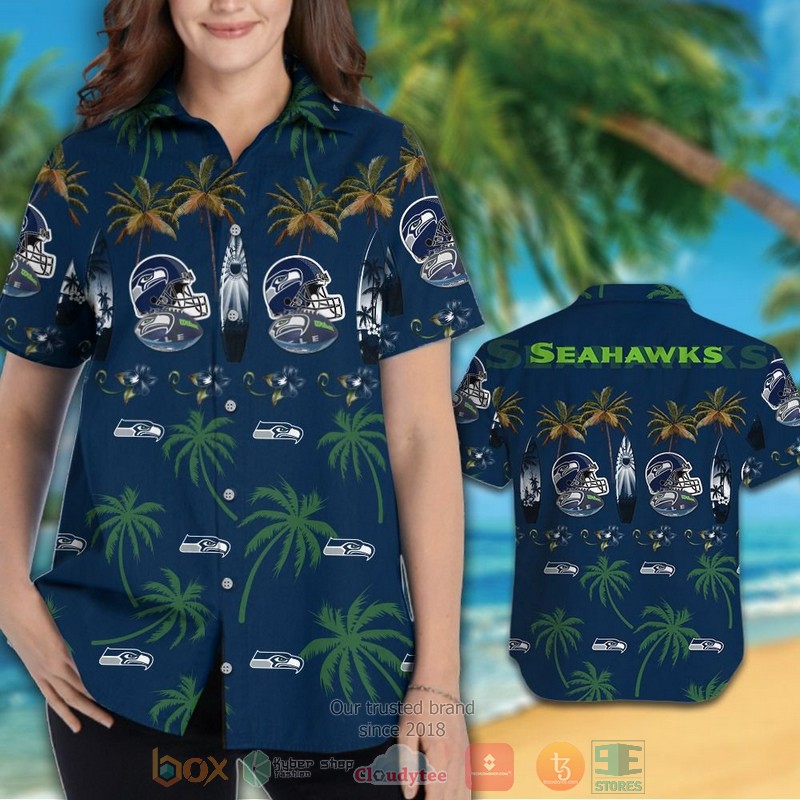HOT Seattle Seahawks surfboard palm tree hawaiian shirt and shorts 3 Seattle Seahawks surfboard palm tree hawaiian shirt and shorts 1 2