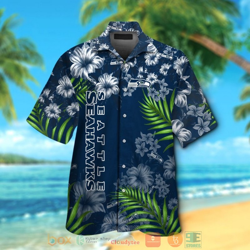 HOT Seattle Seahawks tropical plants Hibiscus navy hawaiian shirt and shorts 13 Seattle Seahawks tropical plants Hibiscus navy hawaiian shirt and shorts