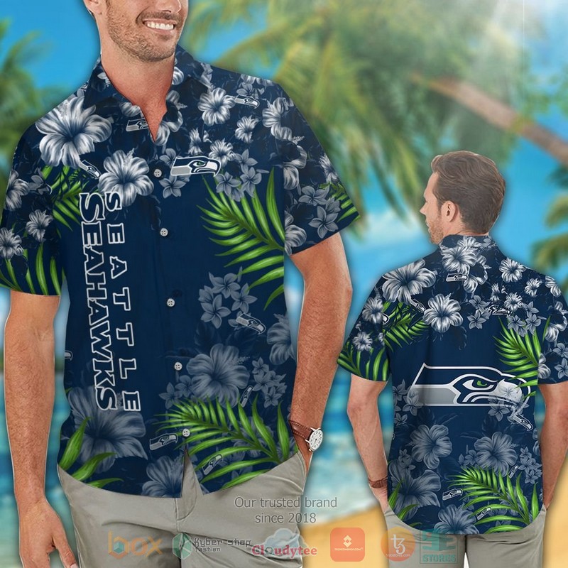 HOT Seattle Seahawks tropical plants Hibiscus navy hawaiian shirt and shorts 2 Seattle Seahawks tropical plants Hibiscus navy hawaiian shirt and shorts 1