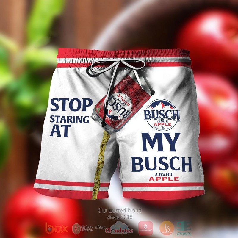 Stop Staring at my Busch Light Apple beach shorts