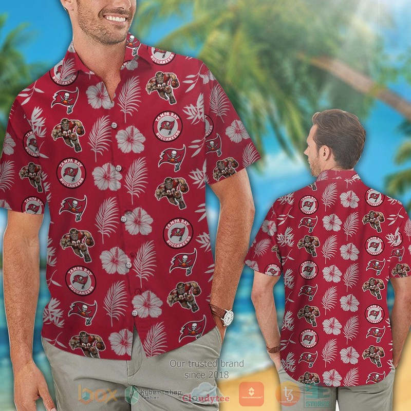 HOT Tampa Bay Buccaneers logo Hibiscus grey red hawaii shirt, shorts 2 Tampa Bay Buccaneers logo Hibiscus grey red hawaii shirt shorts 1