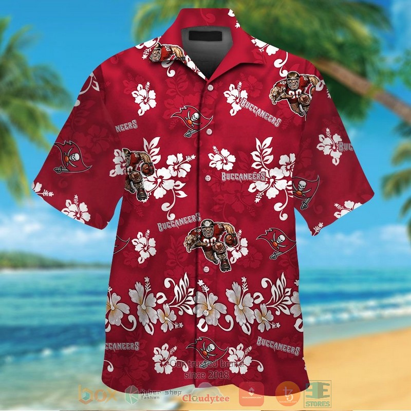 HOT Tampa Bay Buccaneers logo white Hibiscus red hawaiian shirt and shorts 13 Tampa Bay Buccaneers logo white Hibiscus red hawaiian shirt and shorts