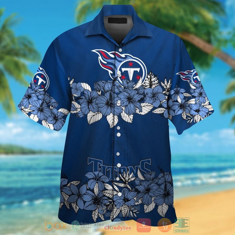 Tennessee Titans blue tropical plants navy hawaii shirt shorts