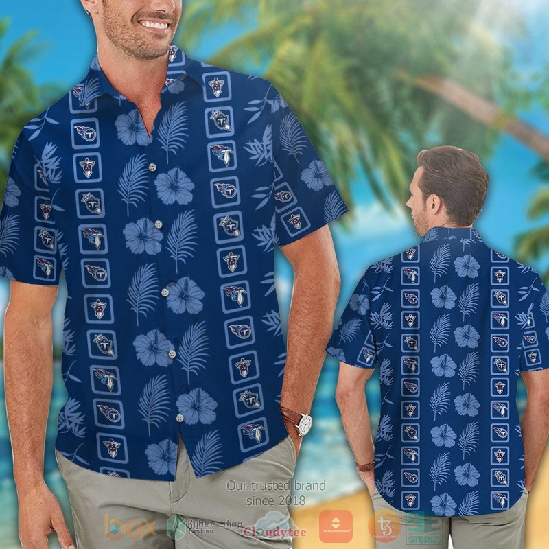 HOT Tennessee Titans logo blue Hibiscus navy hawaiian shirt and shorts 2 Tennessee Titans logo blue Hibiscus navy hawaiian shirt and shorts 1
