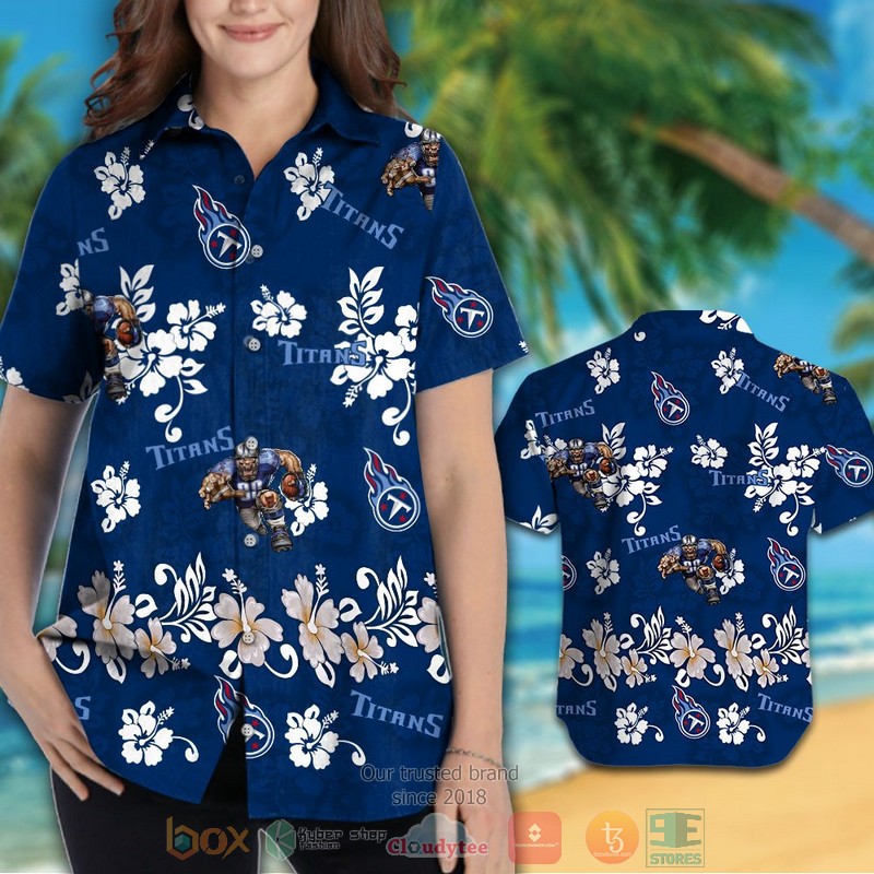 HOT Tennessee Titans logo white Hibiscus navy hawaiian shirt and shorts 3 Tennessee Titans logo white Hibiscus navy hawaiian shirt and shorts 1 2