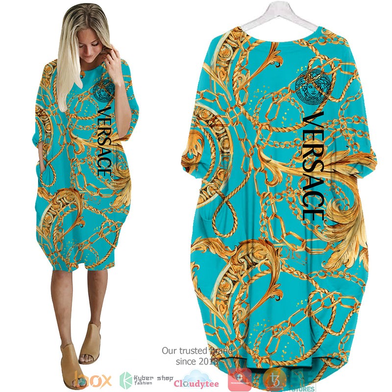 Versace Gold pattern Blue Batwing Pocket Dress