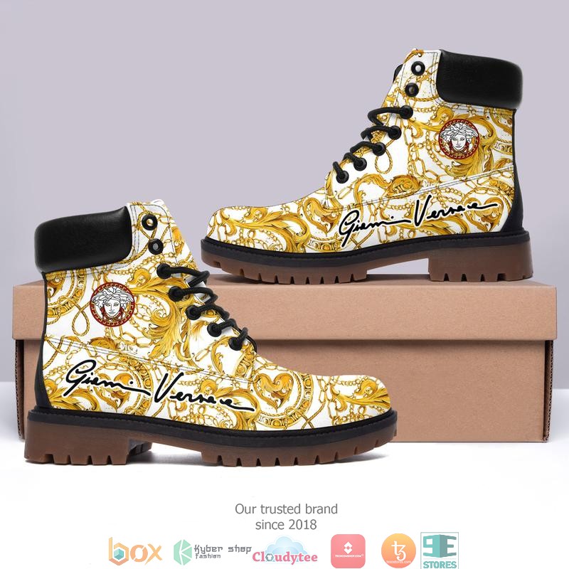 Versace Gold pattern white Timberland Boots 3 Versace Gold pattern white Timberland Boots 1 2