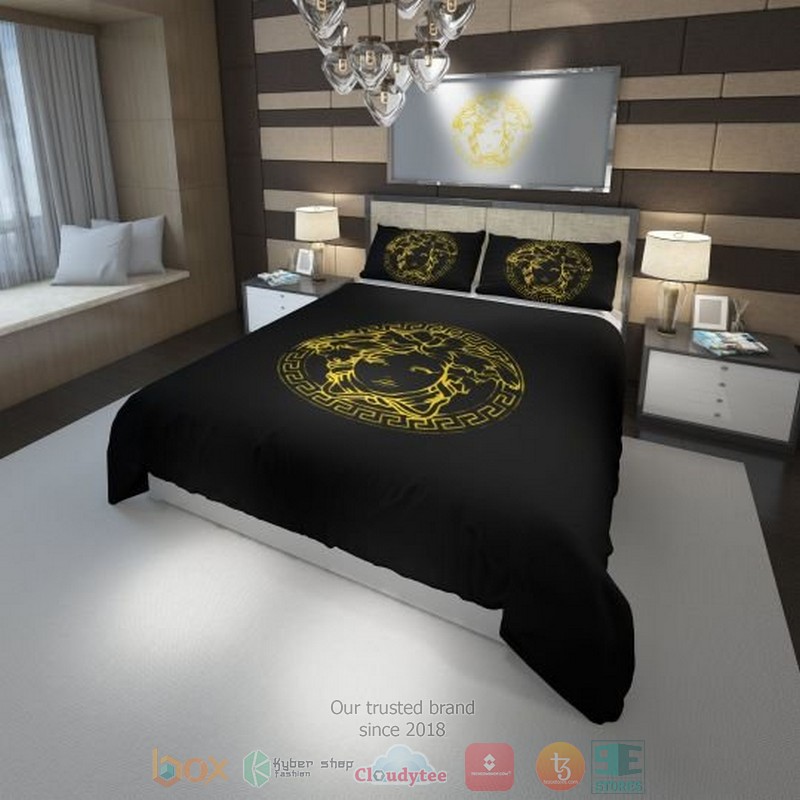 Versace Medusa yellow logo Luxury brand black bedding set