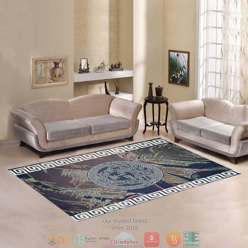 Versace White border navy Rug Carpet