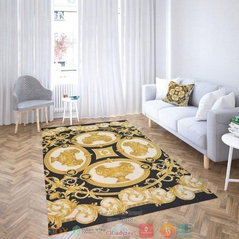 Versace gold circle flower pattern black Rug Carpet