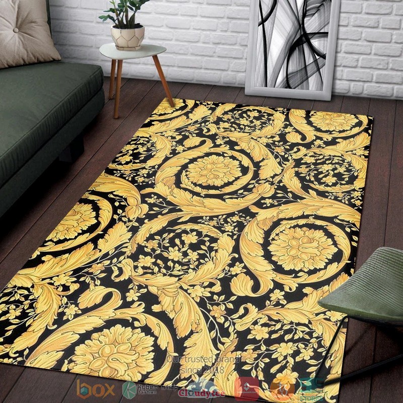 Versace gold flower pattern luxury black Rug Carpet