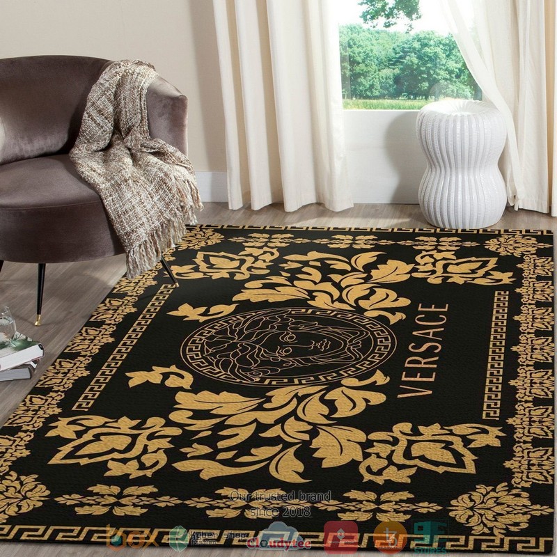 Versace gold logo border flower pattern black Rug Carpet