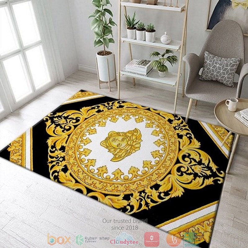 Versace gold logo circle pattern black and white Rug Carpet